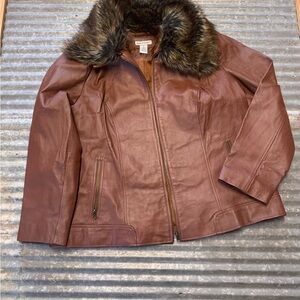 Jessica London Chocolate Leather Jacket with Faux Fur Collar
